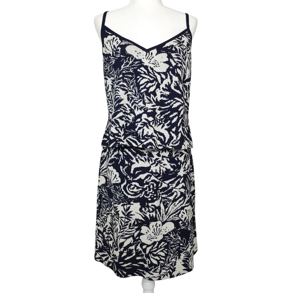 ST JOHN COLLECTION Knit Tank Skirt Set Womens L 14 Navy Cream Floral USA
